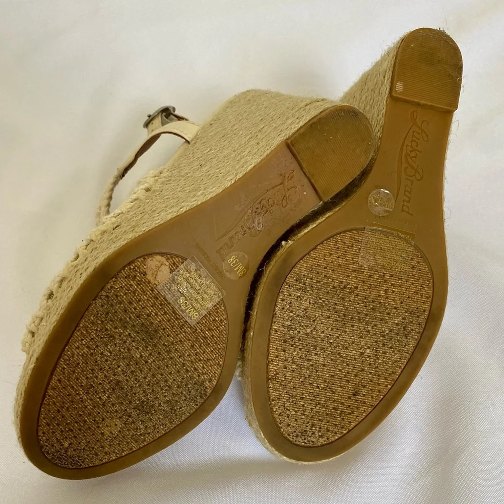 Lucky Brand Cream Crochet Espadrille Wedge Sandals Size 8 Boho Platform Open Toe